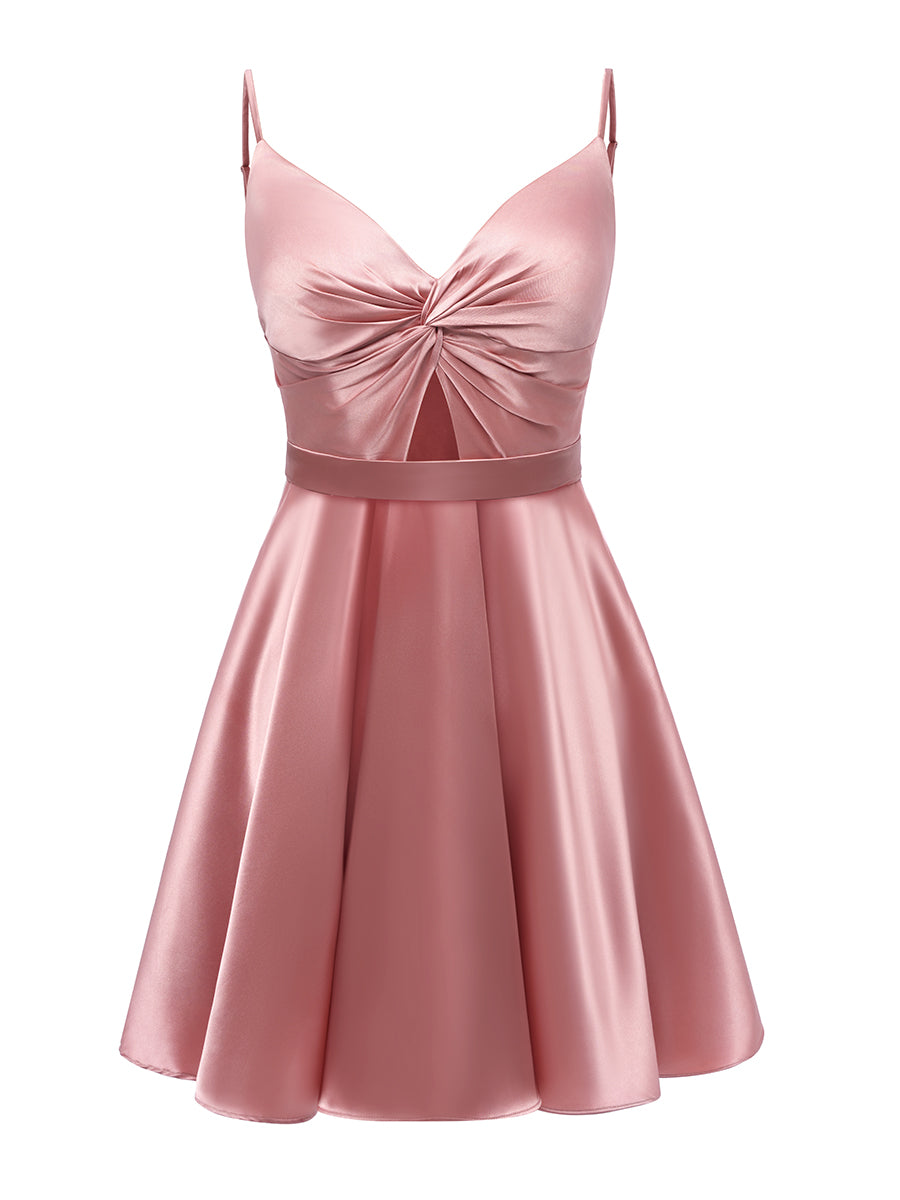 A-Line V-Neck Straps Sleeveless Ruched Short Cocktail Dresses with Belt & Pleats