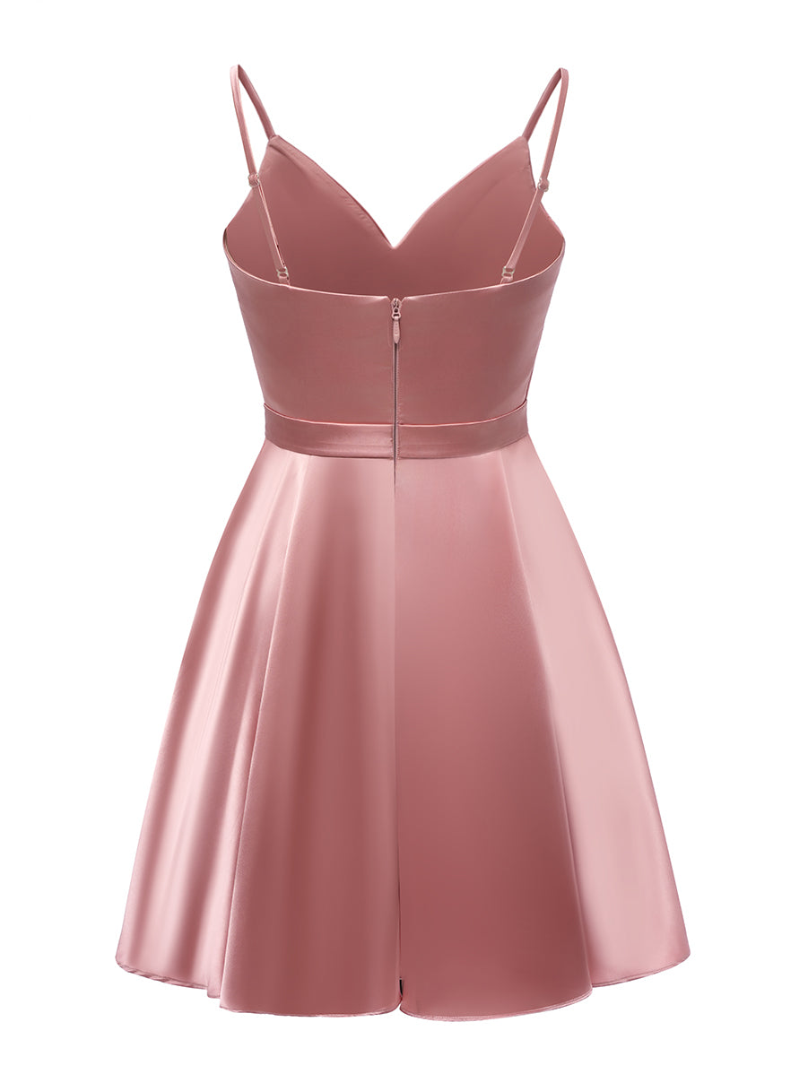 A-Line V-Neck Straps Sleeveless Ruched Short Cocktail Dresses with Belt & Pleats