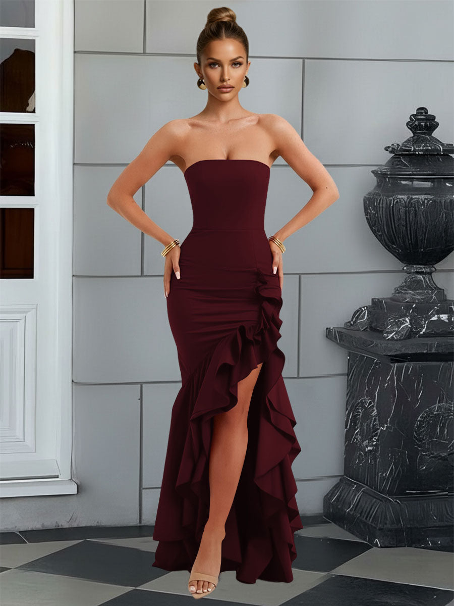 Bodycon Sleeveless Floor-Length Prom Dresses with Ruffle Slit