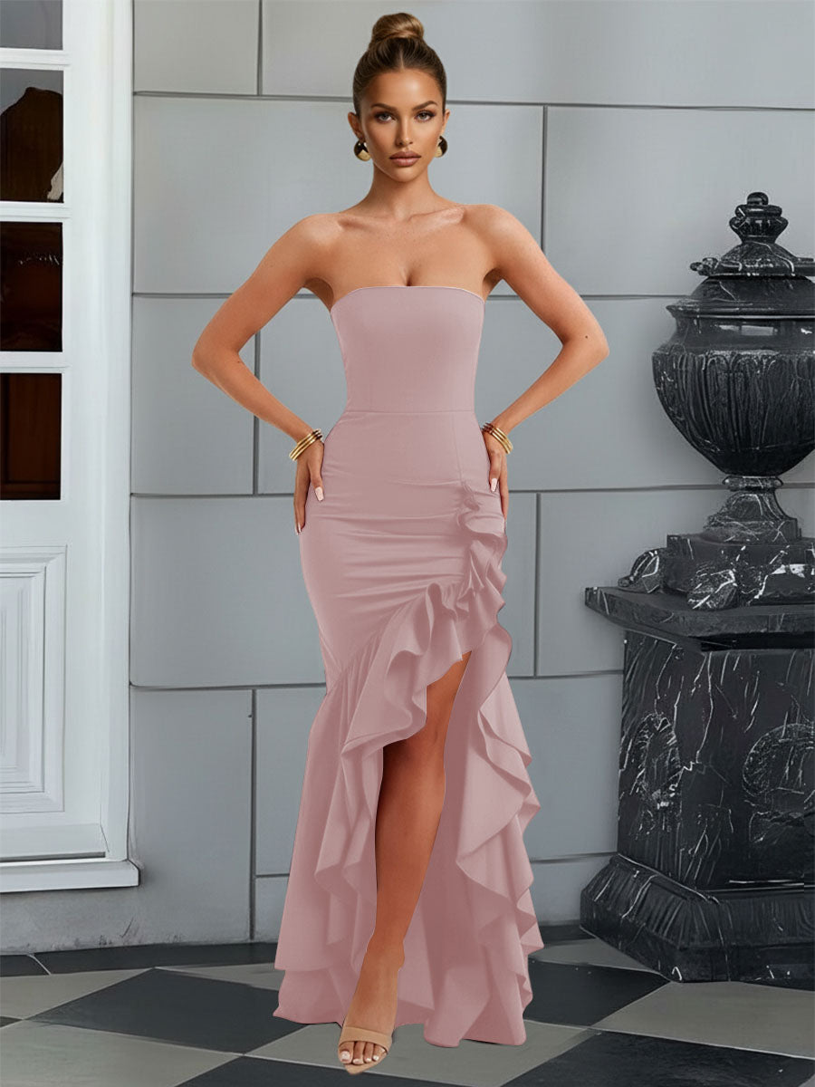 Bodycon Sleeveless Floor-Length Prom Dresses with Ruffle Slit