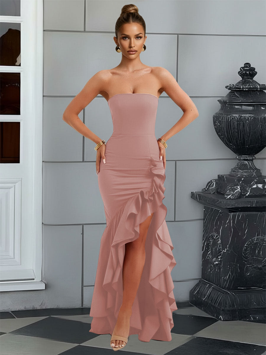 Bodycon Sleeveless Floor-Length Prom Dresses with Ruffle Slit