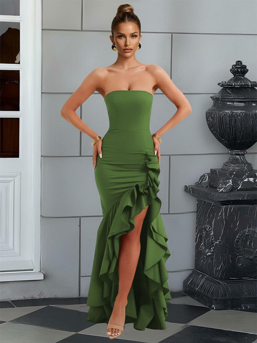 Bodycon Sleeveless Floor-Length Prom Dresses with Ruffle Slit