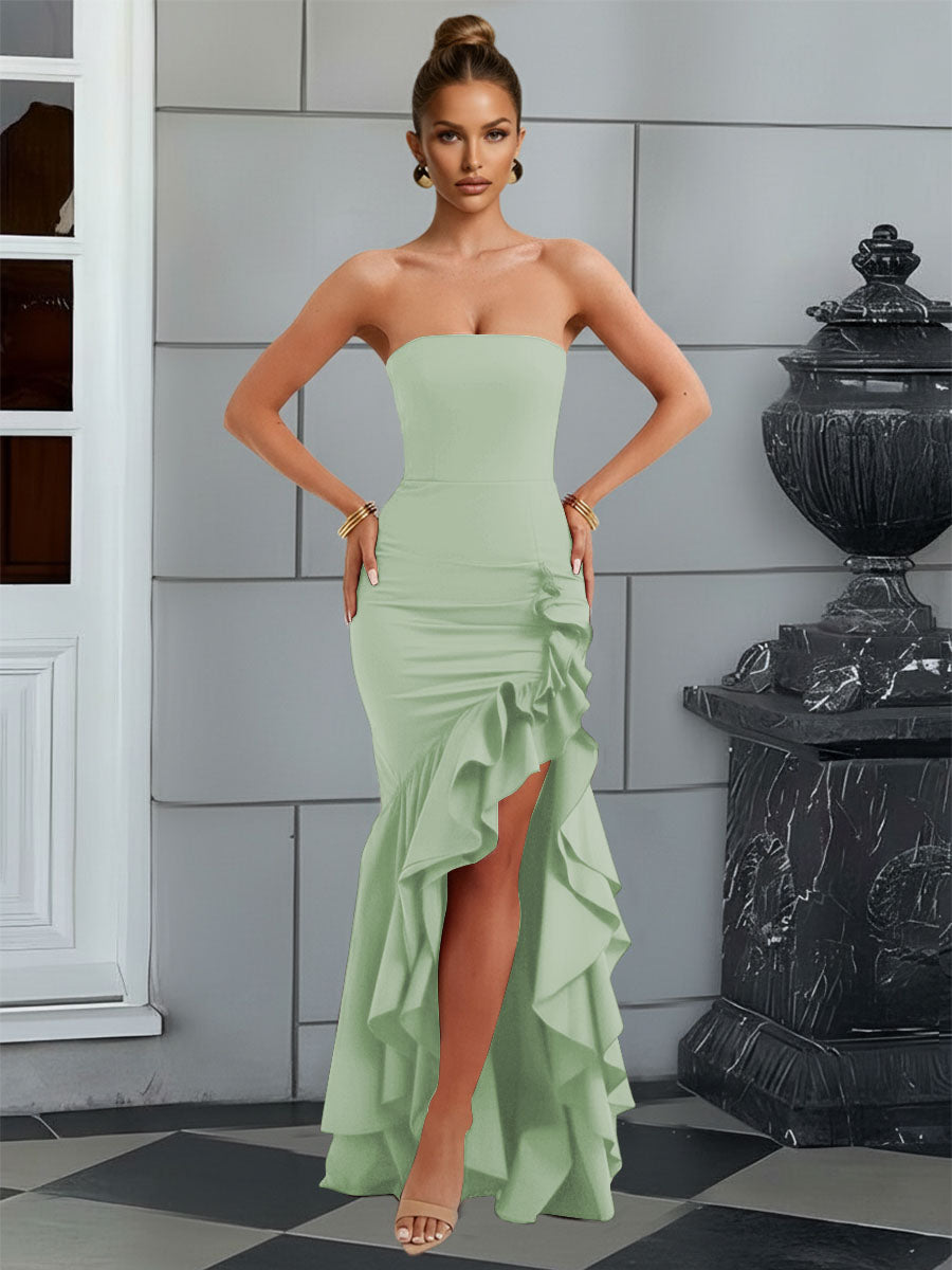 Bodycon Sleeveless Floor-Length Prom Dresses with Ruffle Slit