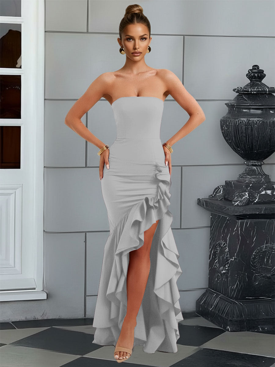 Bodycon Sleeveless Floor-Length Prom Dresses with Ruffle Slit