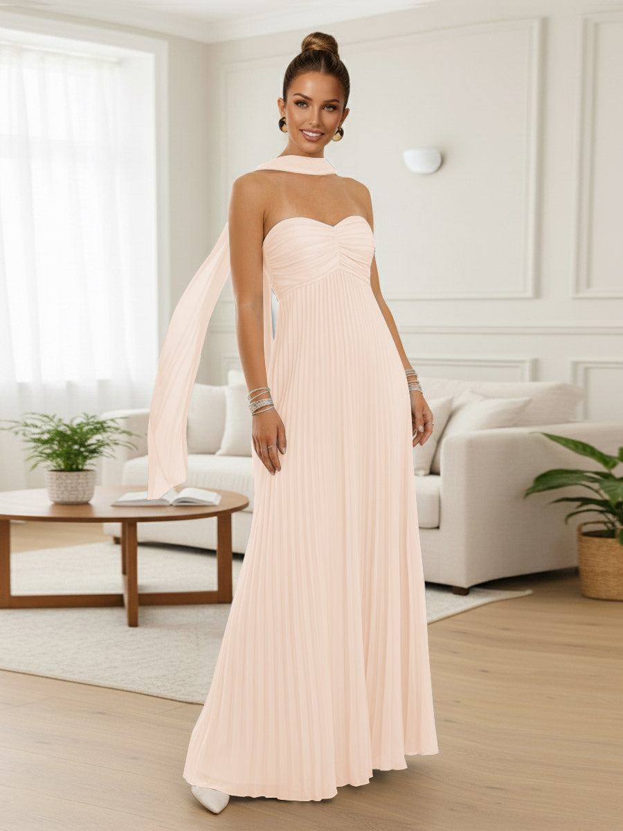 A-Line/Princess Strapless Floor-Length Prom Dresses with Scarf