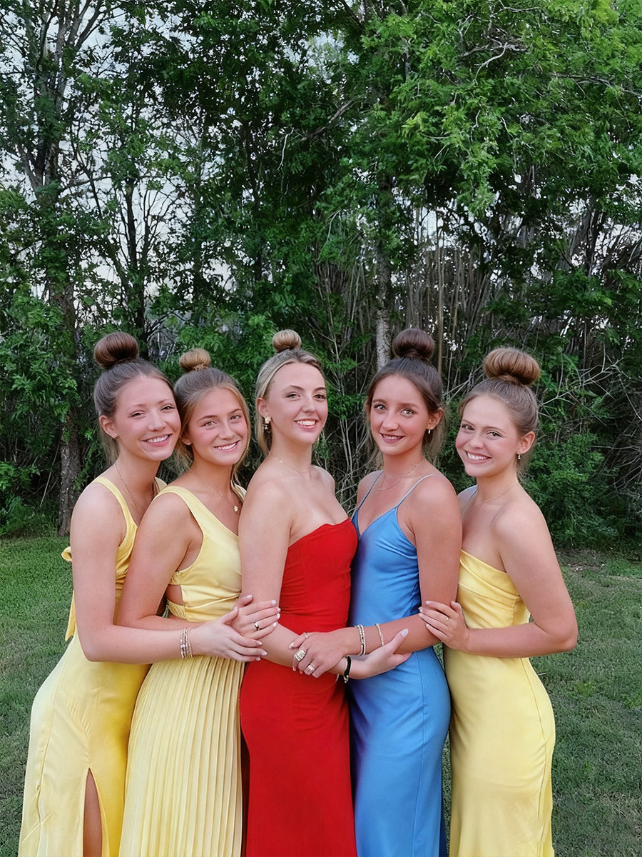 A-Line/Princess Spaghetti Strap Pleated Satin Floor-Length Prom Dresses