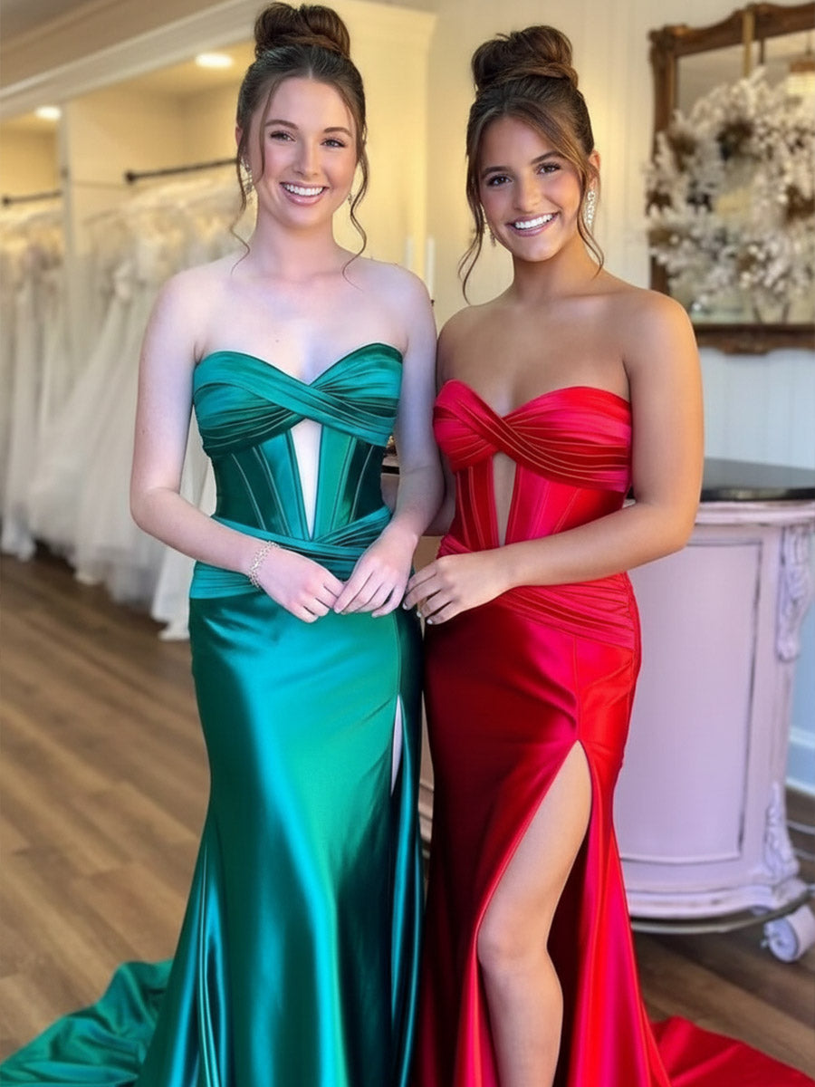 Cut-Out Mermaid Sleeveless Prom Dresses Satin with Train