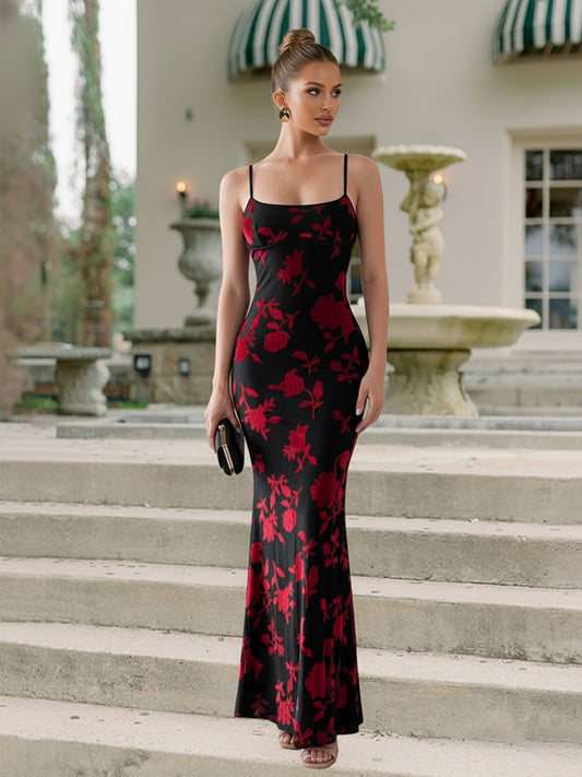 Burnout Floral Spaghetti Strap Mermaid Sleeveless Prom Dresses