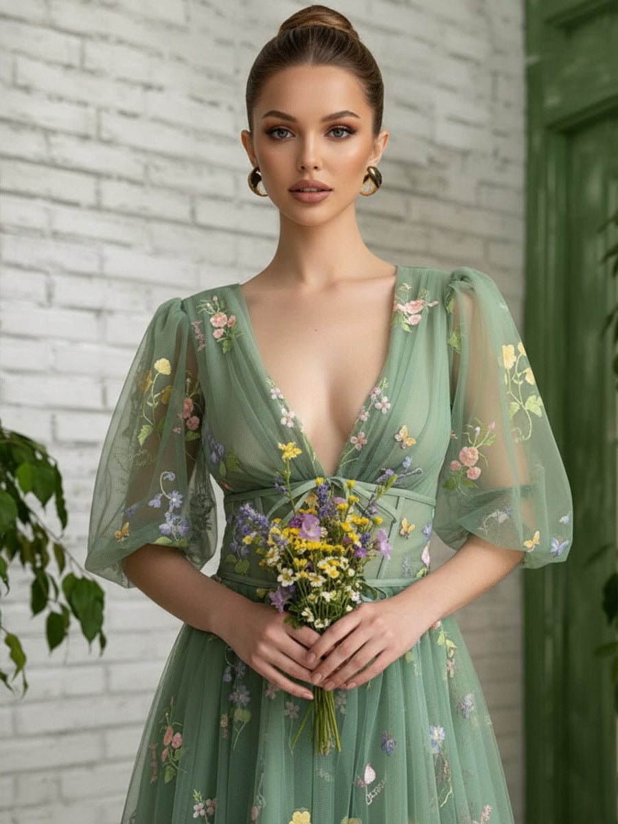 A Line/Princess Deep V-Neck Fair Prom Dresses with Flowers Green Fancy Dress