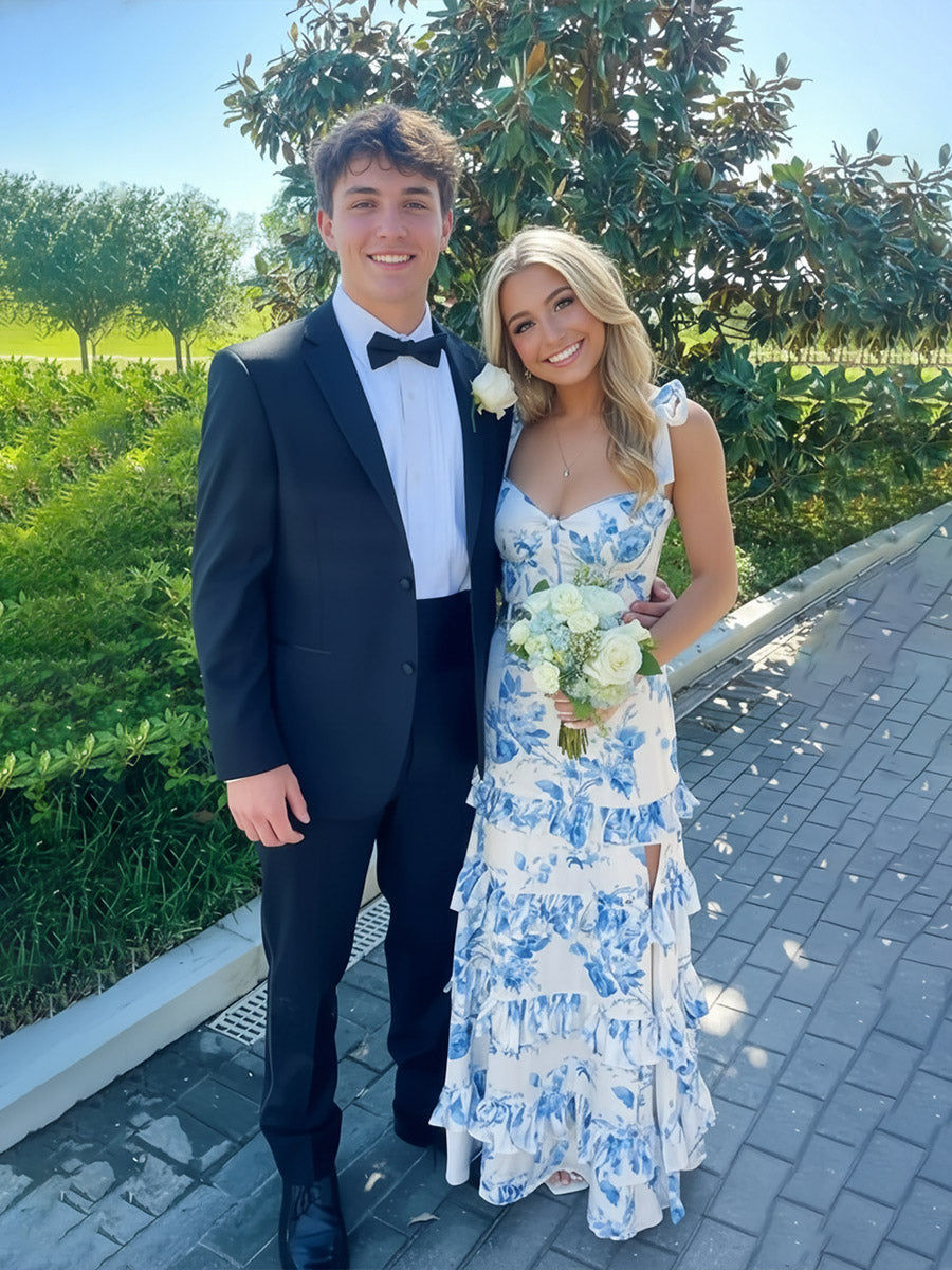 Ruffle A Line/Princess Floral Bow Straps Tiered Prom Dresses with Belt