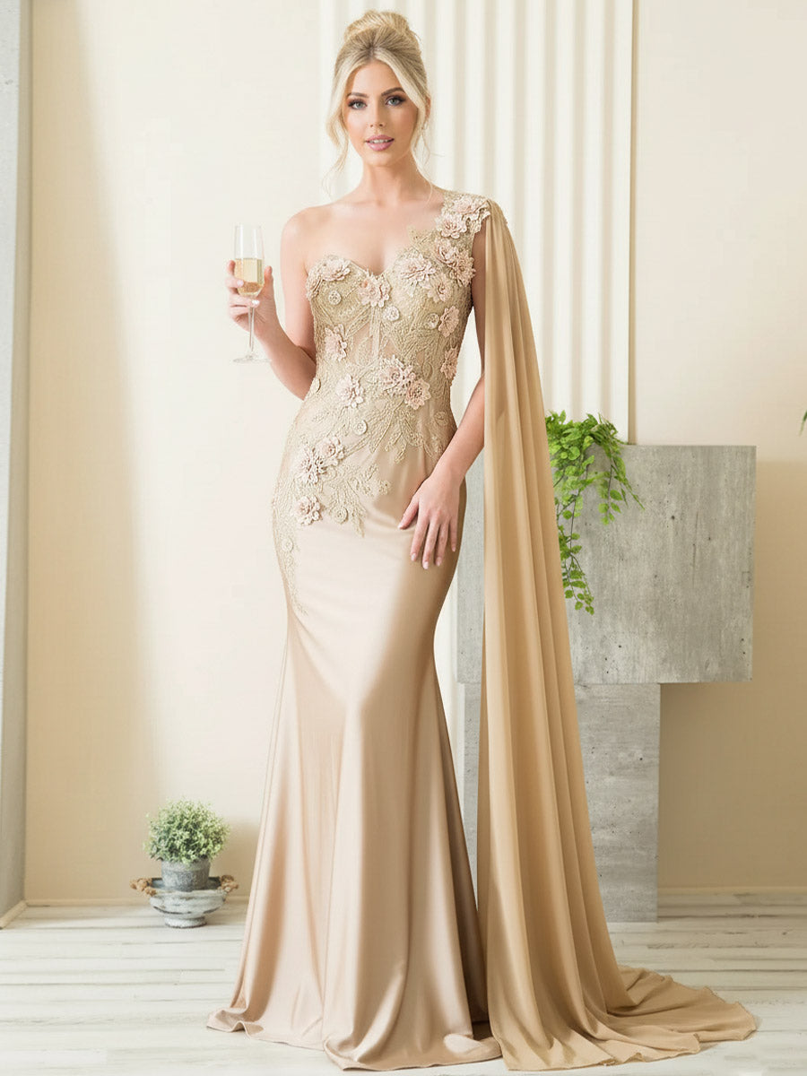 Mermaid 3D Floral One Shoulder Floor-Length Formal Prom Dresses with C –  Shirees