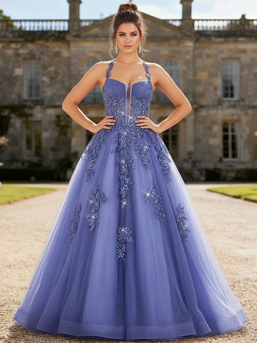 Sequin Dusty Purple Prom Dresses with Lace Appliques A-Line Ball Gowns Halter Elegant Floor-Length Wedding Guest Dresses