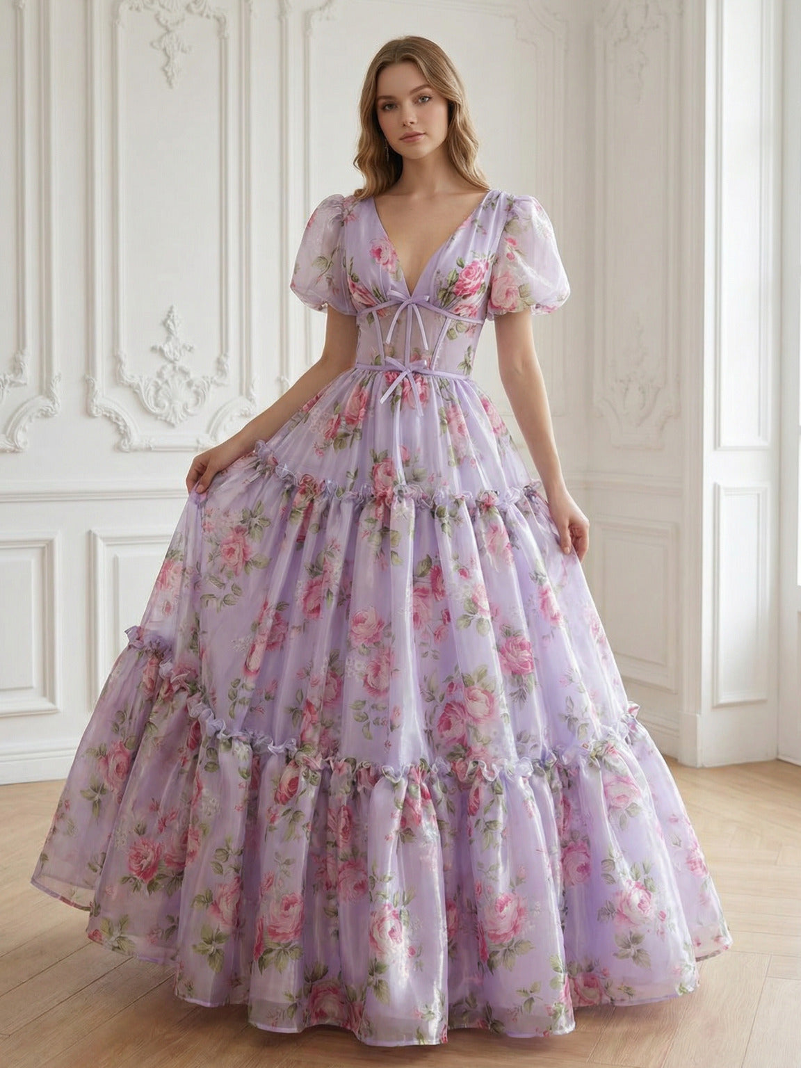 fairy chiffon dress 2026 Purple Prom Dresses with Bows Flower Puffy Sleeves V-Neck Floor-Length Ball Gowns Evening Cocktail Party Dresses How to Transform a 16&nbspX&nbsp33 breathable and elegant Two Option:Dress