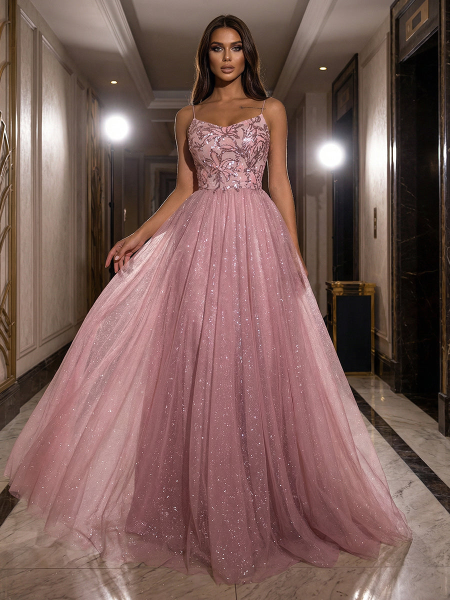 Shirees Gold A-Line Sparkly Tulle Spaghetti Strap Corset Floor-Length Evening Dresses 2026