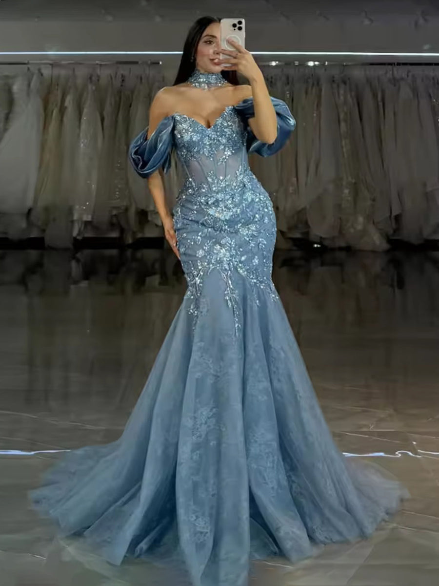 off shoulder mermaid evening dress Off-the Shoulder Long Mermaid Prom Dress with Beads Smoky Blue / 4 main image 0