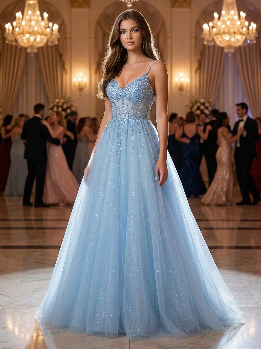 2026 Sequin Prom Dresses A-Line Glitter Tulle Corset Fairy Spaghetti Straps V-Neck Ball Gowns Long Evening Formal Dresses