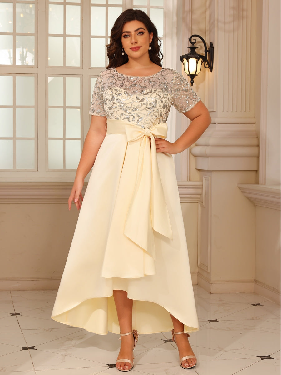 Champagne Mother of the Bride Dresses 2026 Short Sleeve Sequin Lace High Low Chiffon A Line Formal Wedding Guest Gowns with Bow