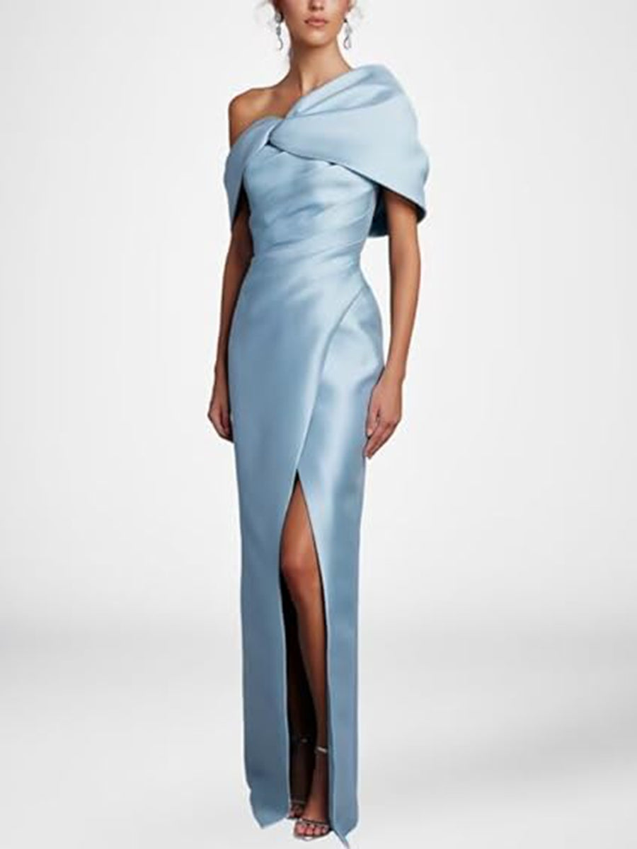 ruched asymmetric one-shoulder maxi dress in buttercream A-Line Mother of the Bride Dress Formal Wedding Guest Elegant High Low – BL  Dress main image 0