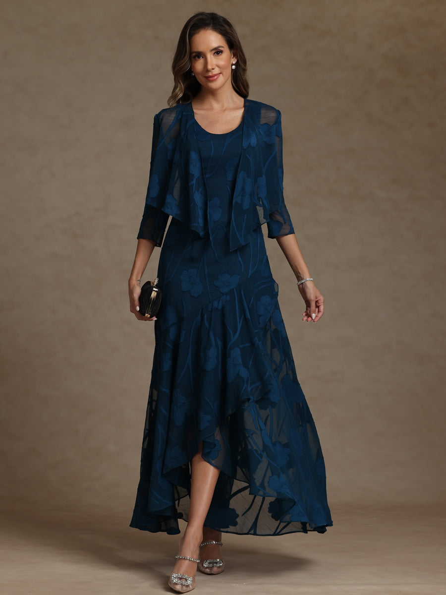 Navy Blue Mother of The Bride Dress 2026 Floral Chiffon High Low Formal Gown with Jacket Navy Blue Mother of The Bride Dress 2026 Floral Chiffon High Low Formal Gown with Jacket