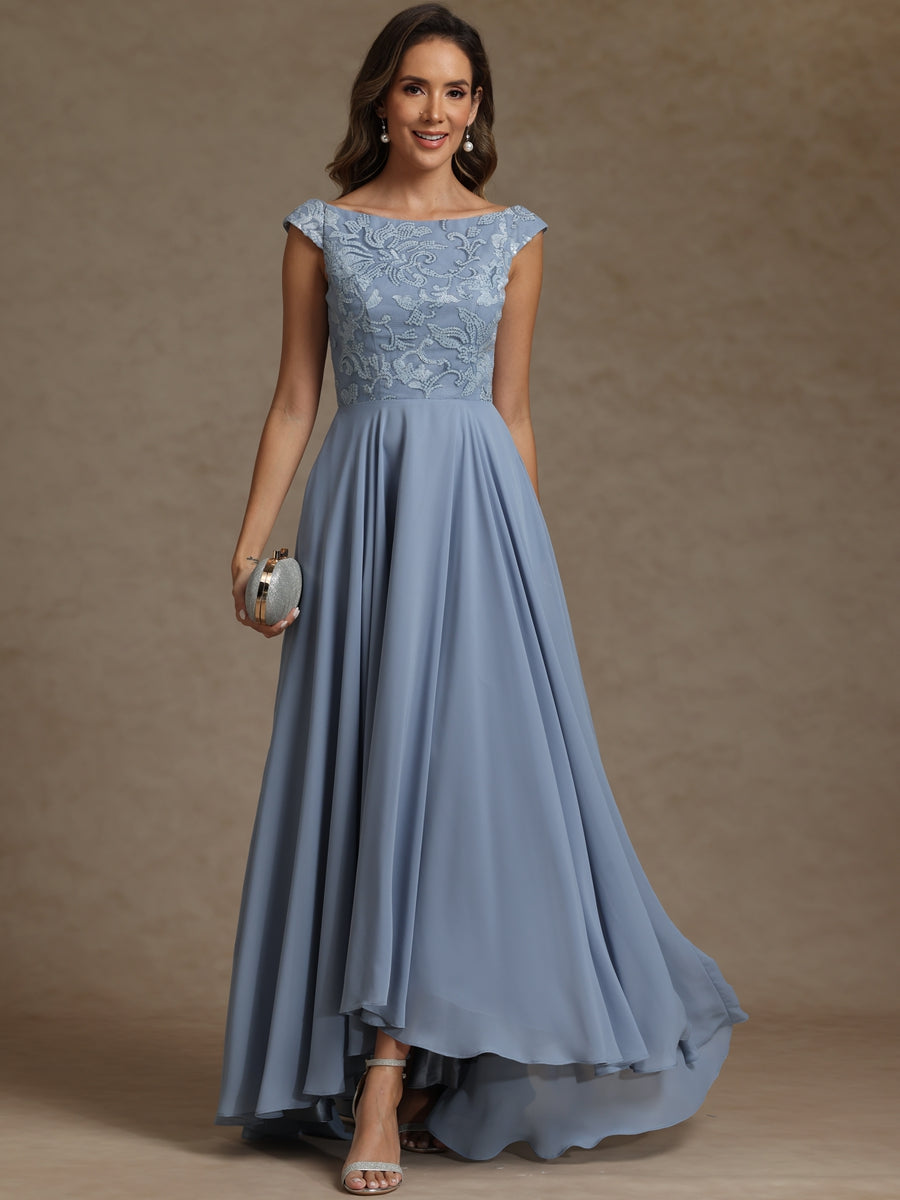 Dusty Blue Lace Mother of The Bride Dress 2026 Cap Sleeve A Line Chiffon Formal Gown Dusty Blue Lace Mother of The Bride Dress 2026 Cap Sleeve A Line Chiffon Formal Gown