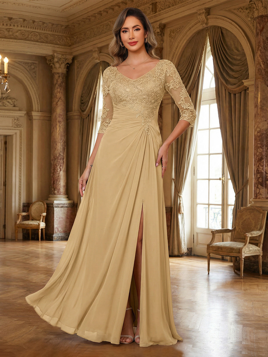 Champagne Lace Mother of the Bride Dress 2026 V Neck 3/4 Sleeve A Line Formal Wedding Guest Gown