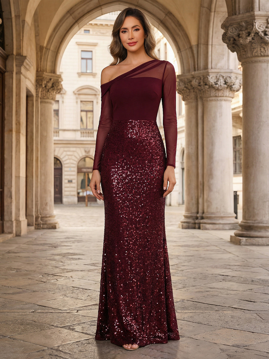 open lace back dress Sheath One-Shoulder Long Sleeve Floor Length Mixed Mother of the Bride –  Shirees