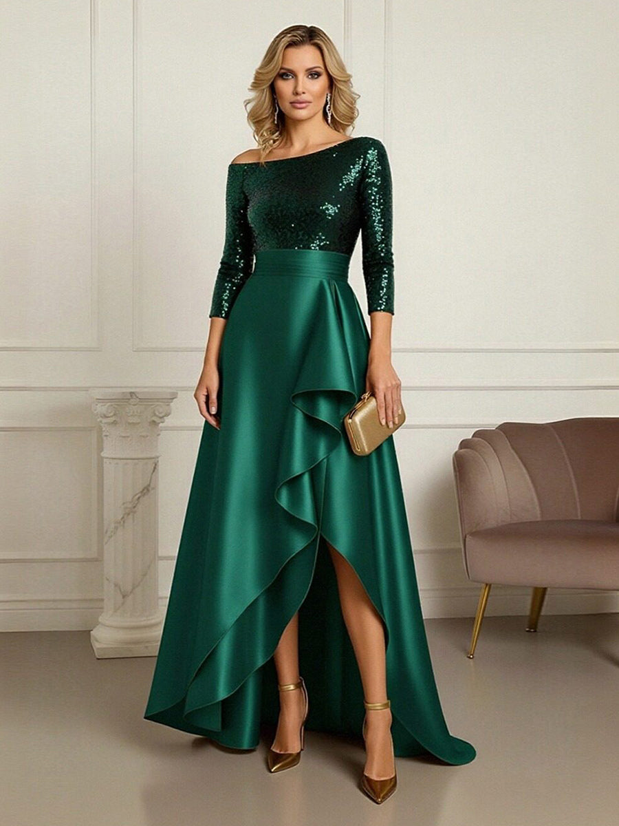 Emerald Green Off Shoulder Mother of the Bride Dress 2026 Sequin Long Sleeve High Low Formal Gown Emerald Green Off Shoulder Mother of the Bride Dress 2026 Sequin Long Sleeve High Low Formal Gown