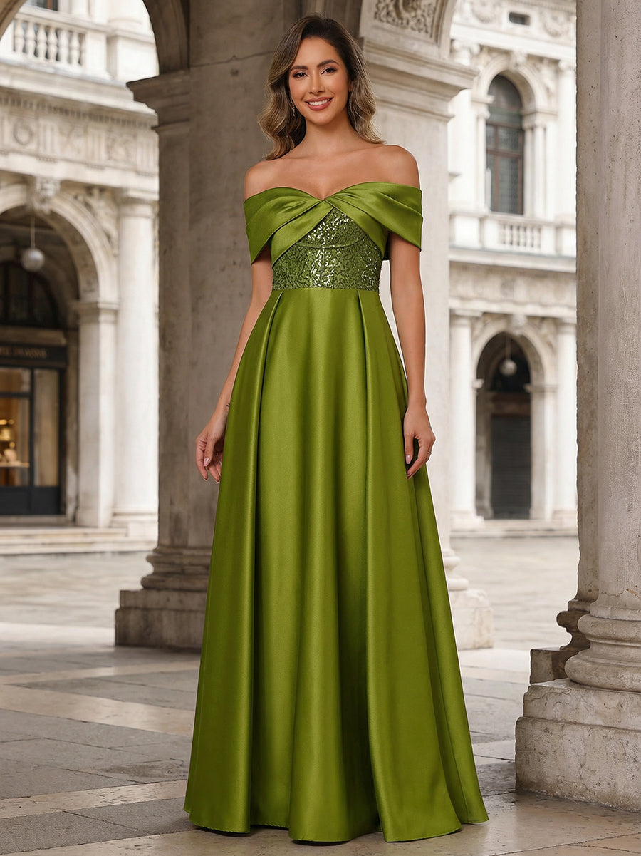 Olive Green Off Shoulder Mother of the Bride Dress 2026 A Line Sequin Formal Evening Maxi Gown Olive Green Off Shoulder Mother of the Bride Dress 2026 A Line Sequin Formal Evening Maxi Gown