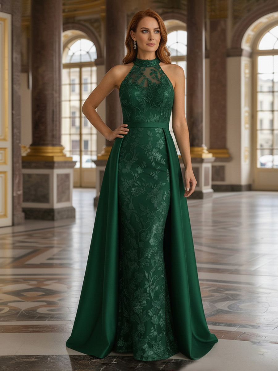 Emerald Mother of The Groom Dress 2026 Illusion Lace Sleeveless Black Tie Formal Wedding Guest Gown