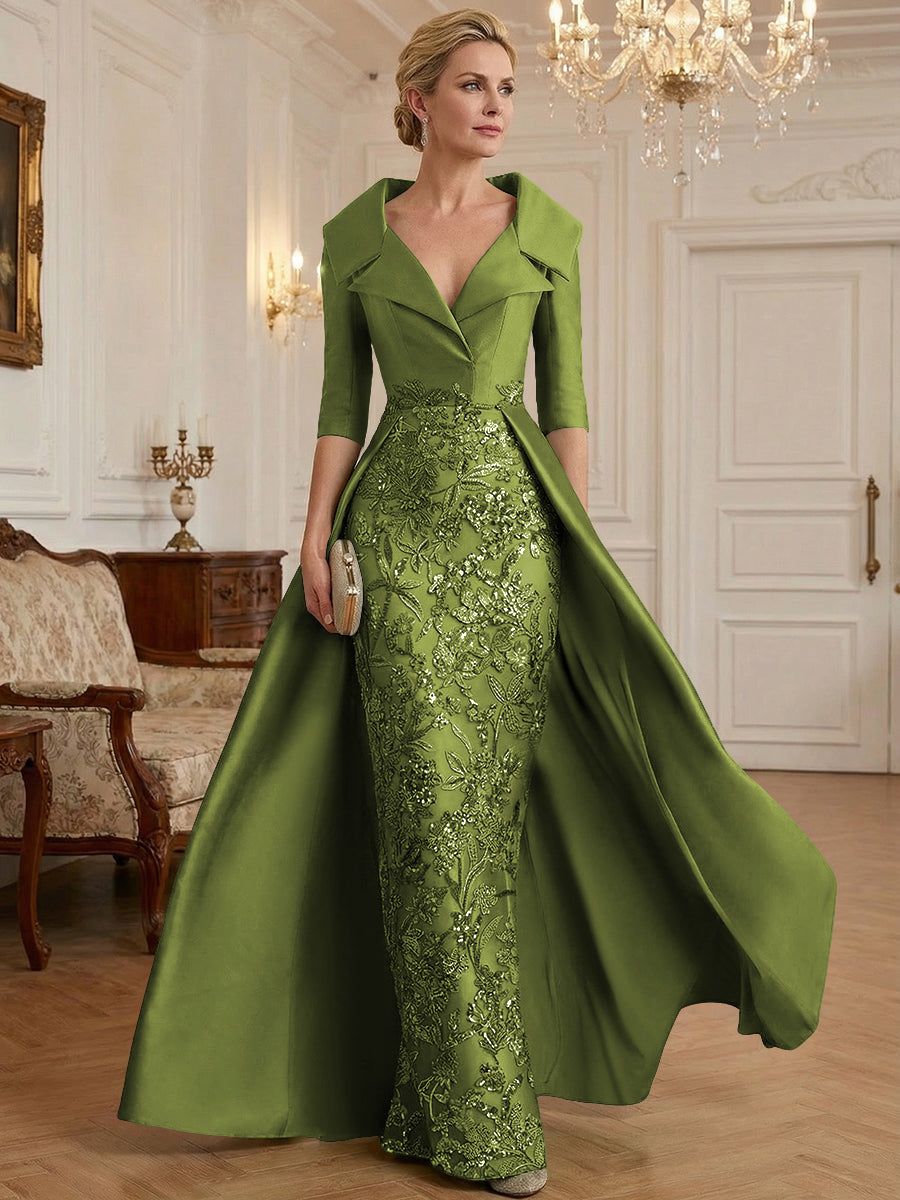 Shirees Olive Green Sheath V Neck 3/4 Sleeve Sequined formal Guest Dress with Appliques 2026