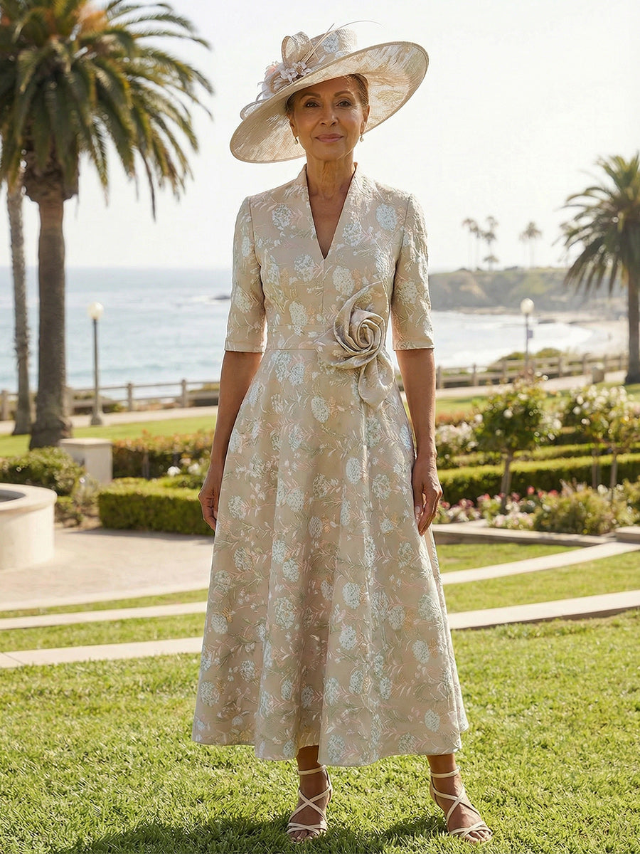 Champagne Floral Mother of the Bride Dress 2026 Tea Length A-Line Garden Wedding Guest Formal Dress Champagne Floral Mother of the Bride Dress 2026 Tea Length A-Line Garden Wedding Guest Formal Dress