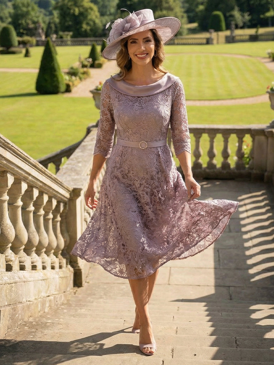 Dusty Rose Lace Mother of the Bride Dress 2026 Elegant Tea Length A-Line 3/4 Sleeve Wedding Guest Formal Garden Party Dress