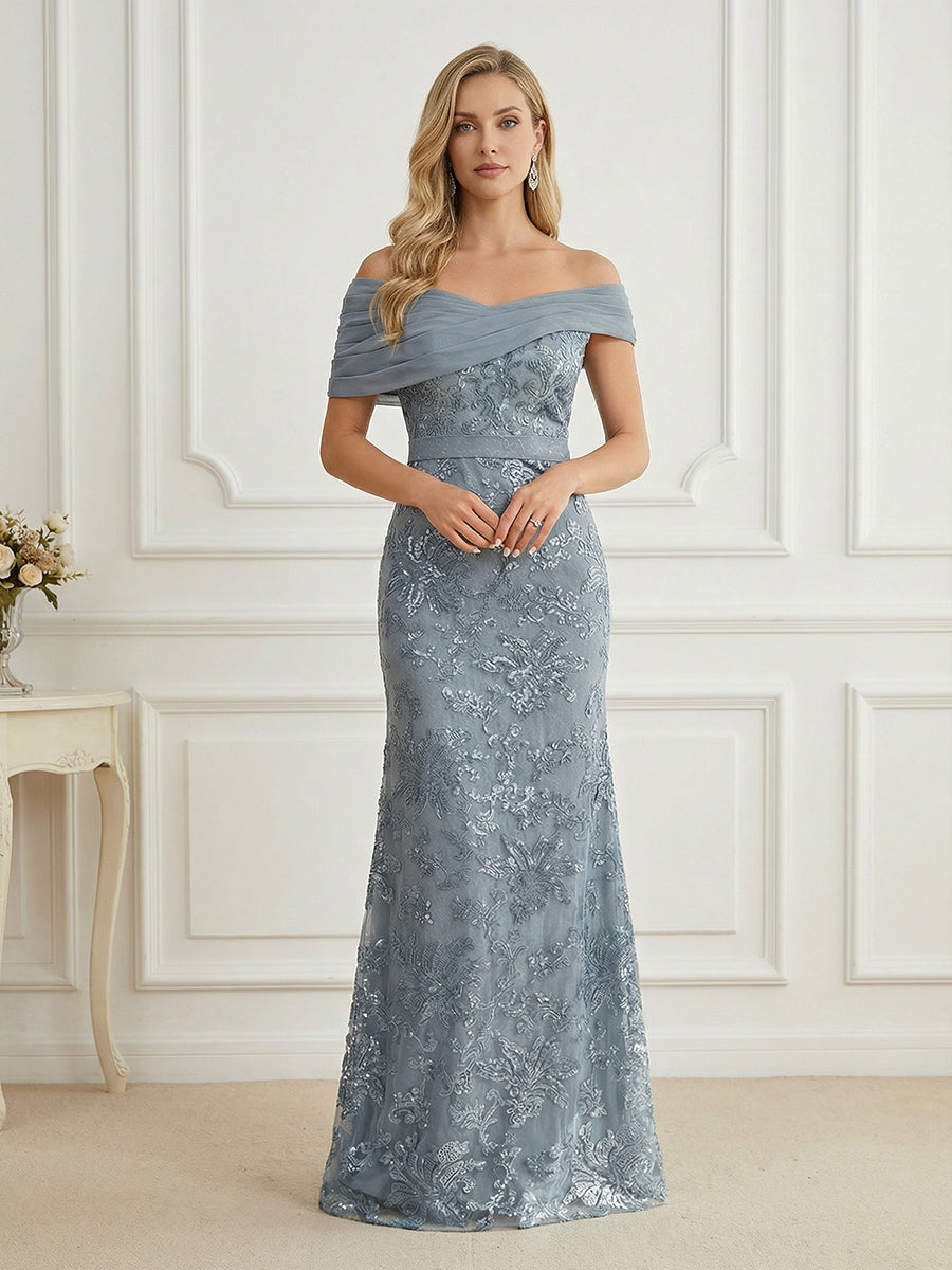 Mermaid Long Mother of the Bride Dress Dusty Blue 2026 Pleated Shawl Neck Formal Evening Gown for Wedding Reception Mermaid Long Mother of the Bride Dress Dusty Blue 2026 Pleated Shawl Neck Formal Evening Gown for Wedding Reception