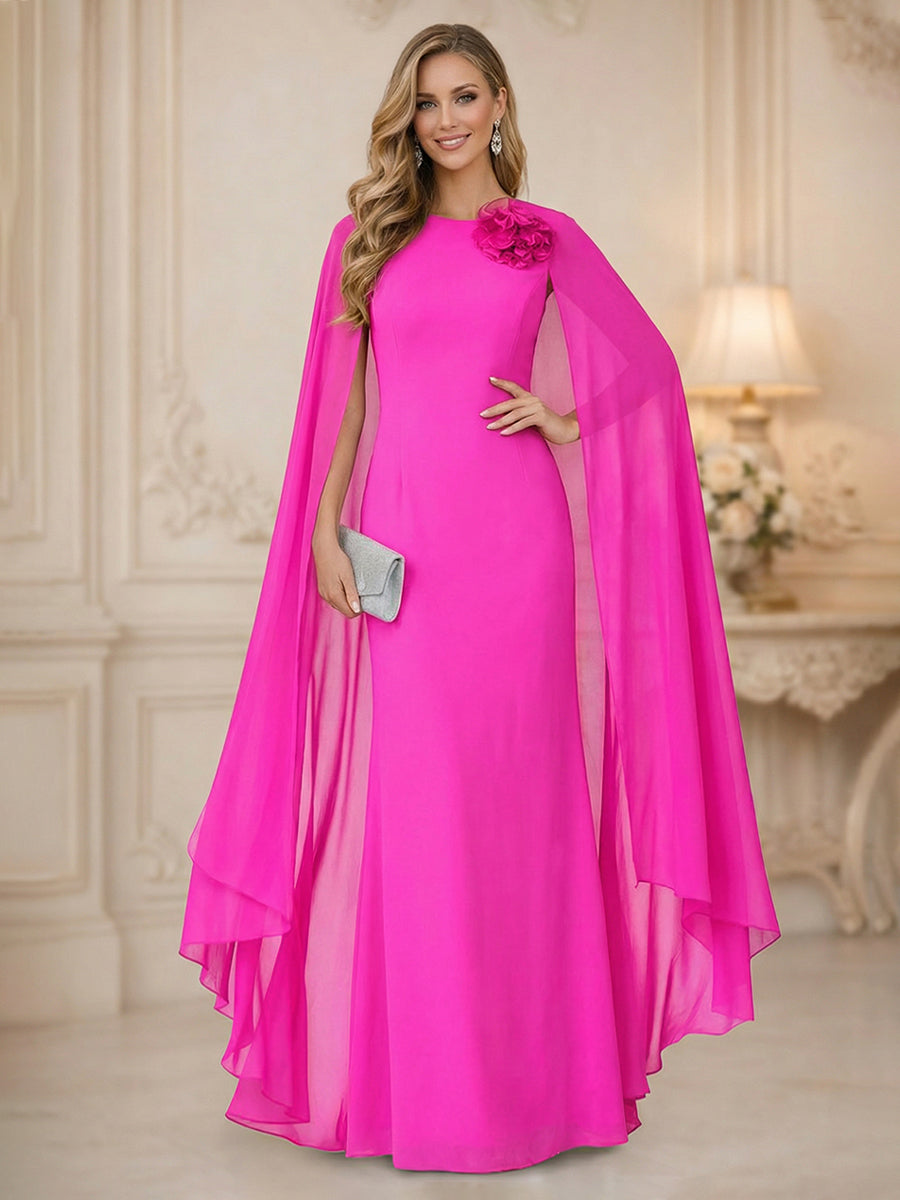 Hot Pink Mother of the Bride Dress 2026 Cape Sleeve Long Formal Evening Gown with Floral Applique Elegant Wedding Guest Dress Hot Pink Mother of the Bride Dress 2026 Cape Sleeve Long Formal Evening Gown with Floral Applique Elegant Wedding Guest Dress