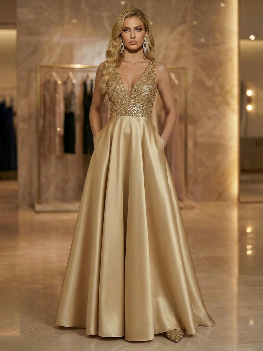sleeveless mother of the bride floor length dresses Gold Sequin Deep V Neck A Line Formal Evening Gown 2026 Sleeveless Satin Long Dress with Pockets for Wedding Guest Gala