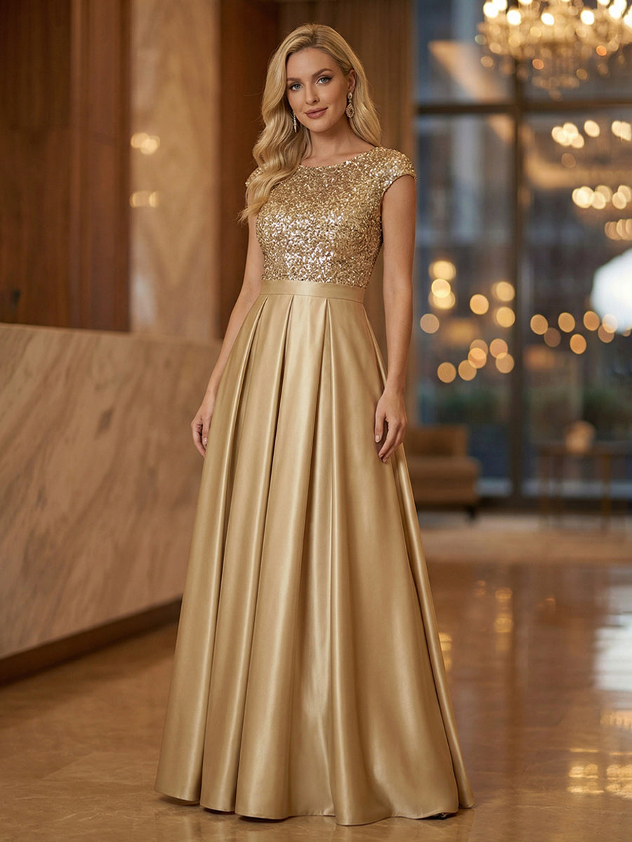 Gold Mother of the Bride Dress 2026 Cap Sleeve Sequin A Line Formal Evening Gown Elegant Wedding Reception Dress