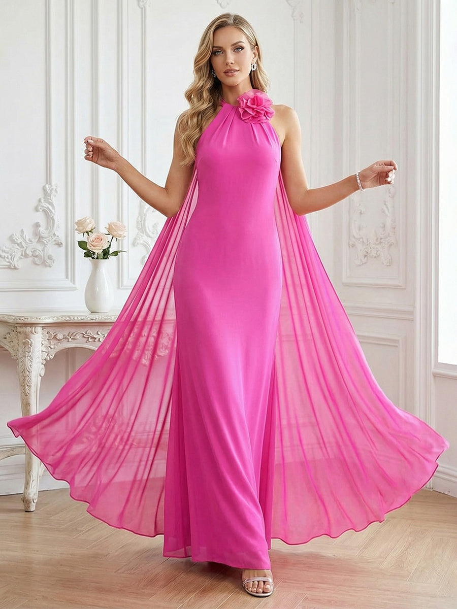 Mother of the Bride Dress 2026 Fuchsia Halter Neck Cape Formal Evening Gown with Flower