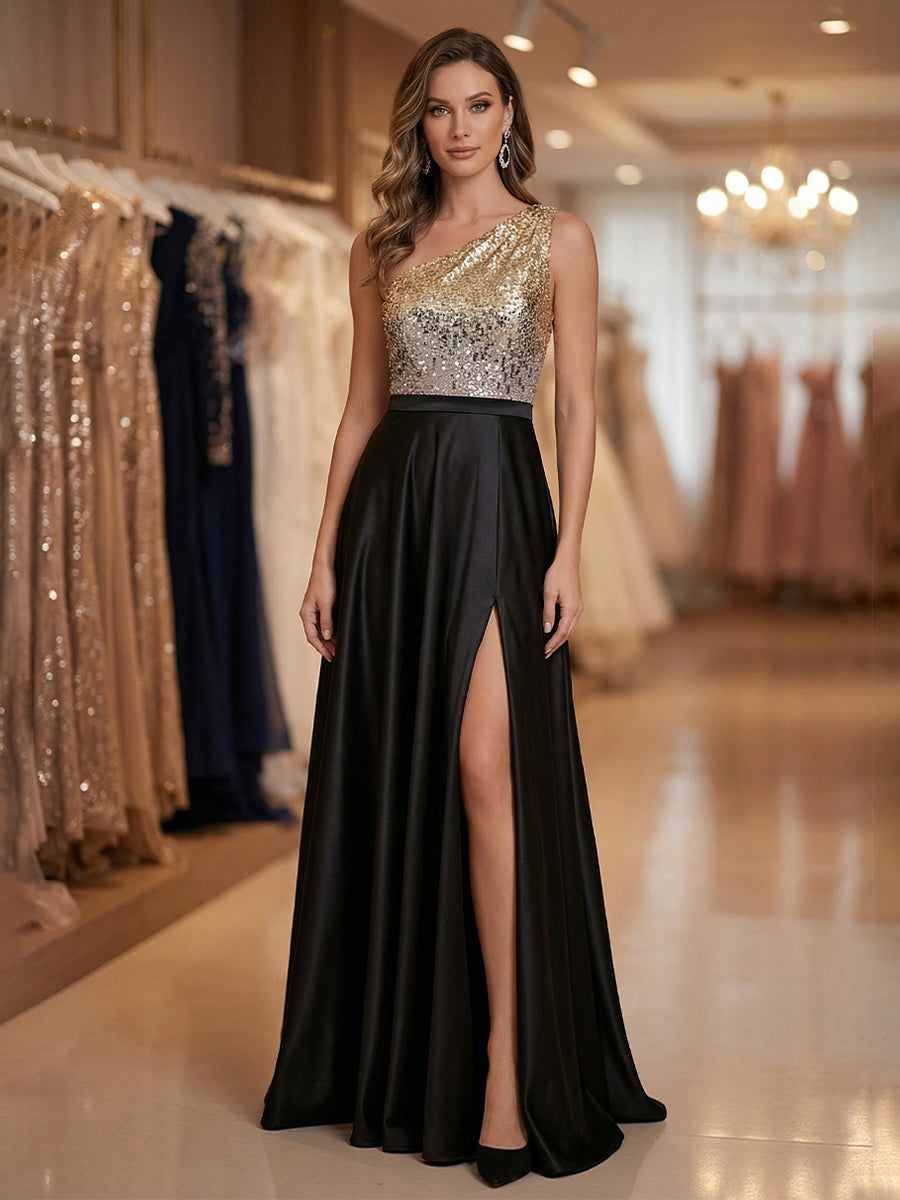 One Shoulder Mother of The Bride Dress Sequin Evening Gown 2026 Black Gold Formal Dress A-Line High Slit Gala Prom Dress for Women One Shoulder Mother of The Bride Dress Sequin Evening Gown 2026 Black Gold Formal Dress A-Line High Slit Gala Prom Dress for Women
