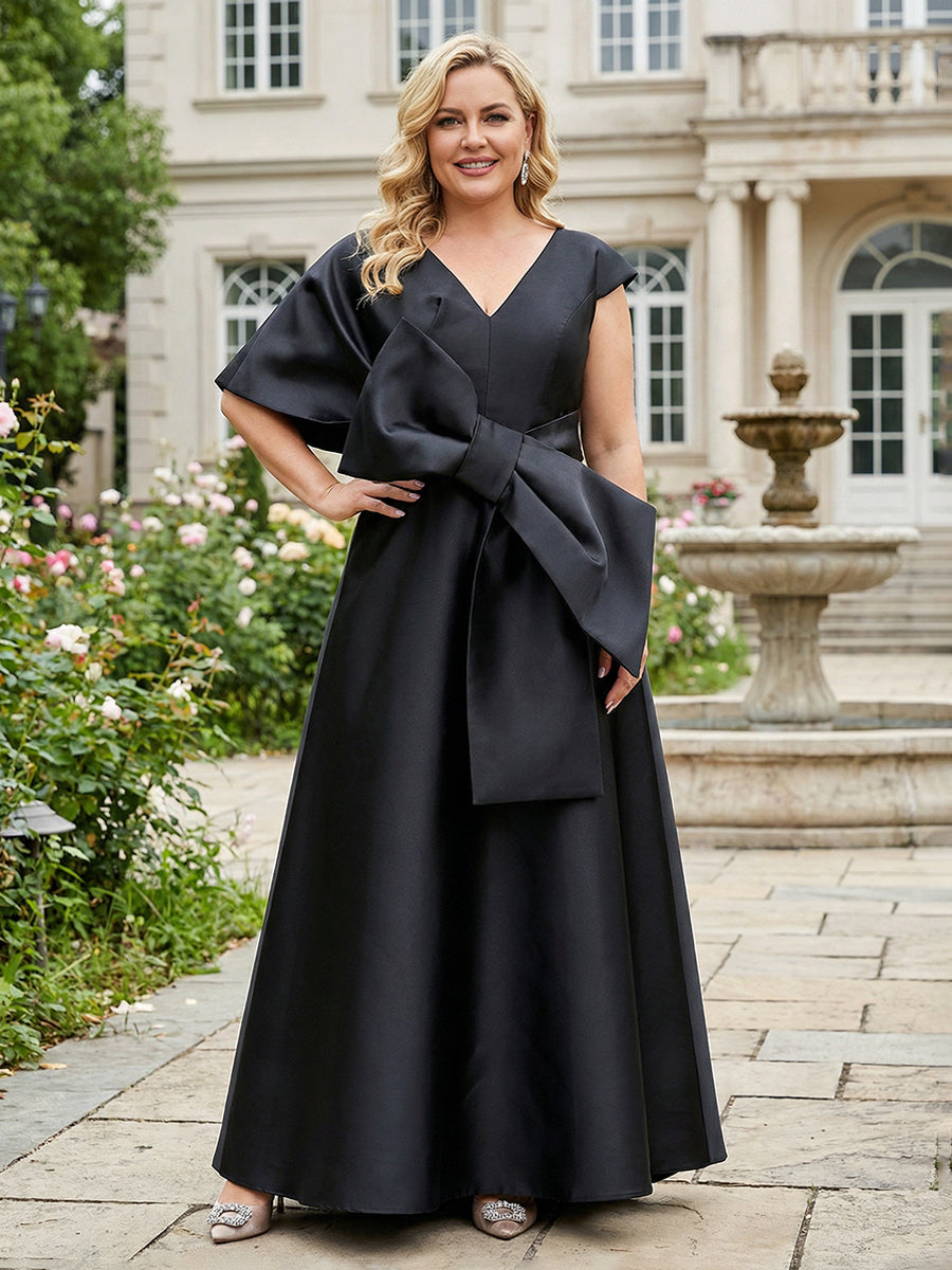 Black Mother of the Bride Dresses 2026 for Women A Line V Neck Short Sleeve Floor Length Formal Evening Gowns