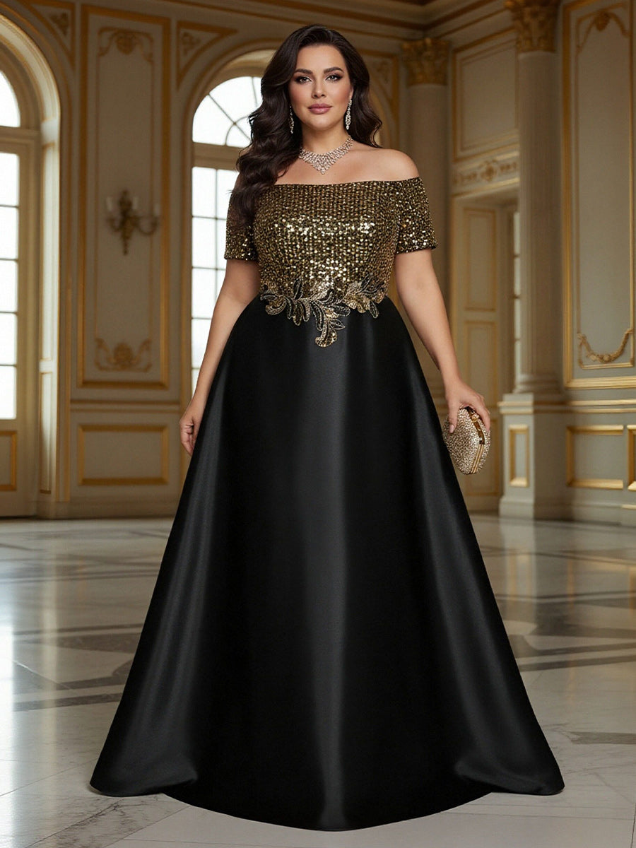 Black Gold Mother of the Bride Dresses 2026 for Women A Line Off Shoulder Short Sleeve Floor Length Formal Evening Gowns