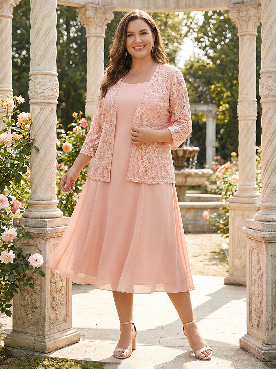 Blush Mother of the Bride Dress Lace Jacket Chiffon A Line Tea Length 3 4 Sleeve Elegant Formal Dress