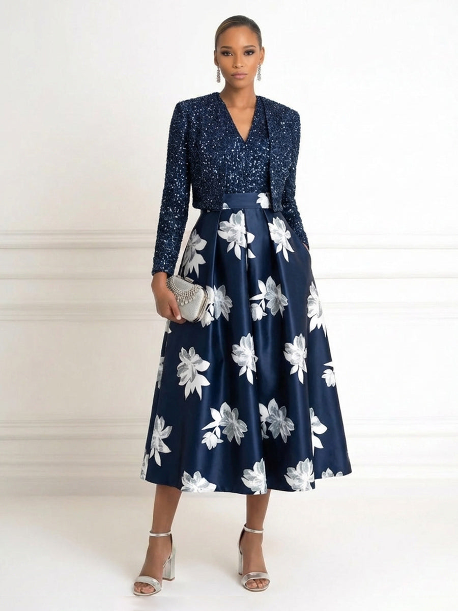 Two-Piece Mother of the Bride & Groom Dresses Suit with Long Sleeves Sequin Cropped Jacket & A-Line Midi-Length Satin Floral Dress