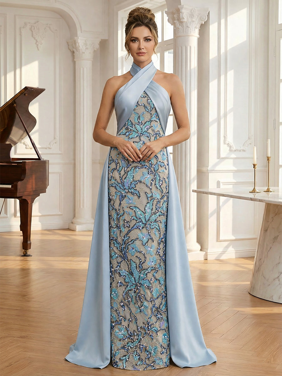 Light Blue Mother of the Bride Dresses 2026 for Women Sheath Halter Neck Sleeveless Floor Length Formal Evening Wedding Guest Gowns