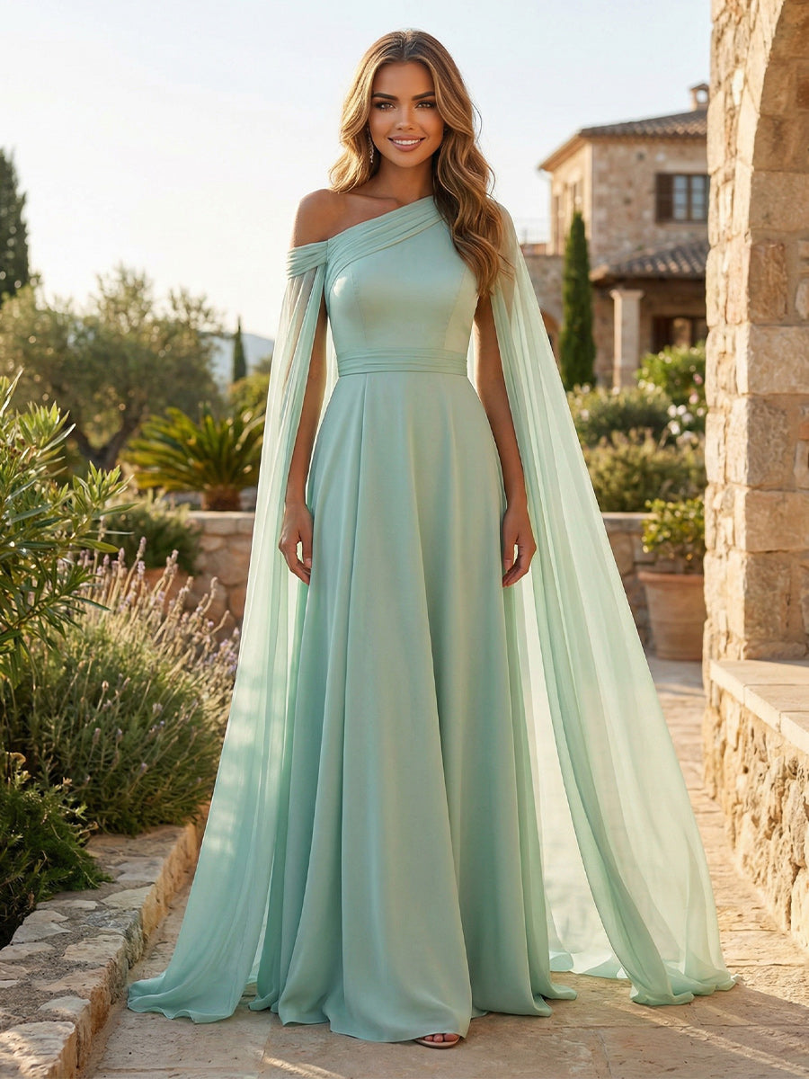 chiffon mother of groom dresses Mint Green the Bride 2026 for Women A-Line Off Shoulder Cape Sleeve Floor Length Wedding Guest Formal Gowns Soft pleats and a Vivienne Westwood, Nova Cora COLOR:turquoise jersey