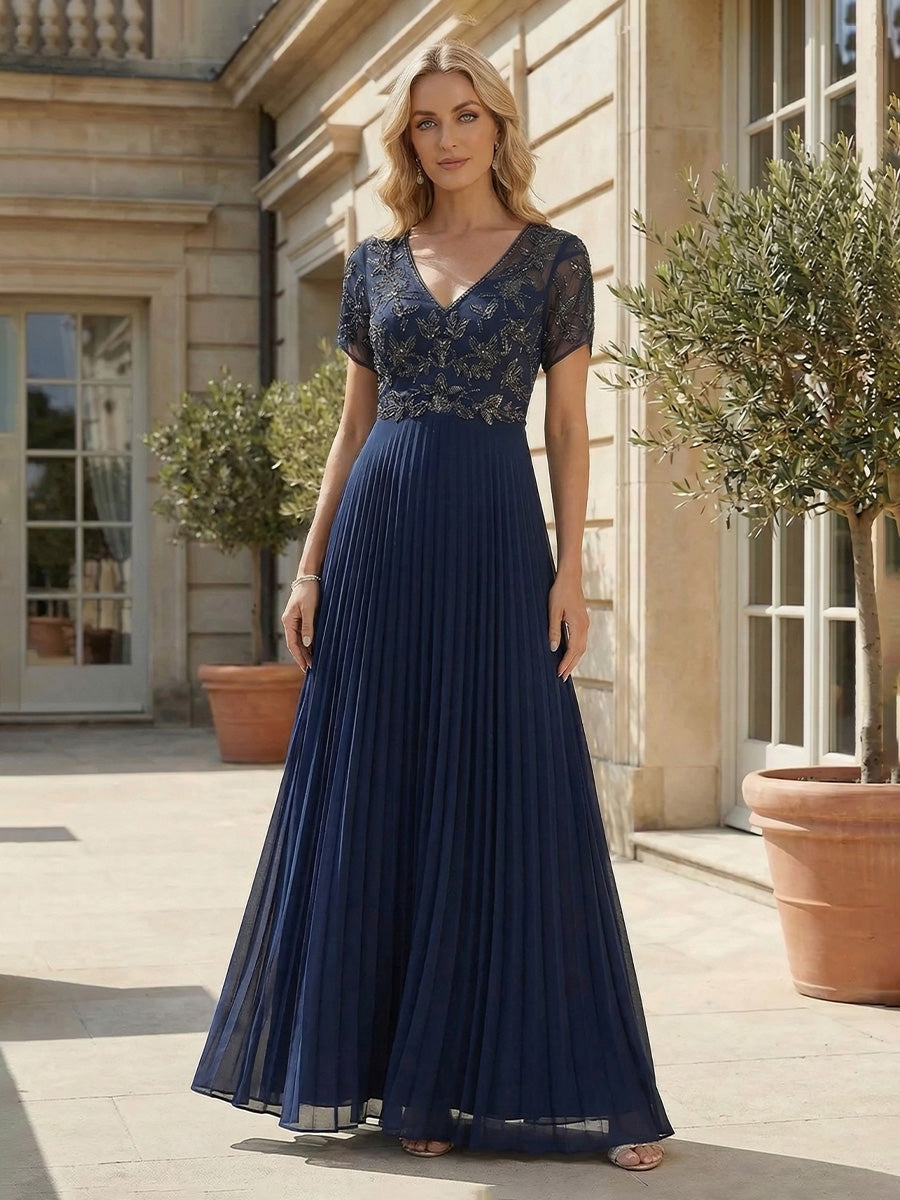 Navy Blue Mother of the Bride Dress 2026 for Women Lace Chiffon Pleated A Line Long Formal Wedding Guest Dress