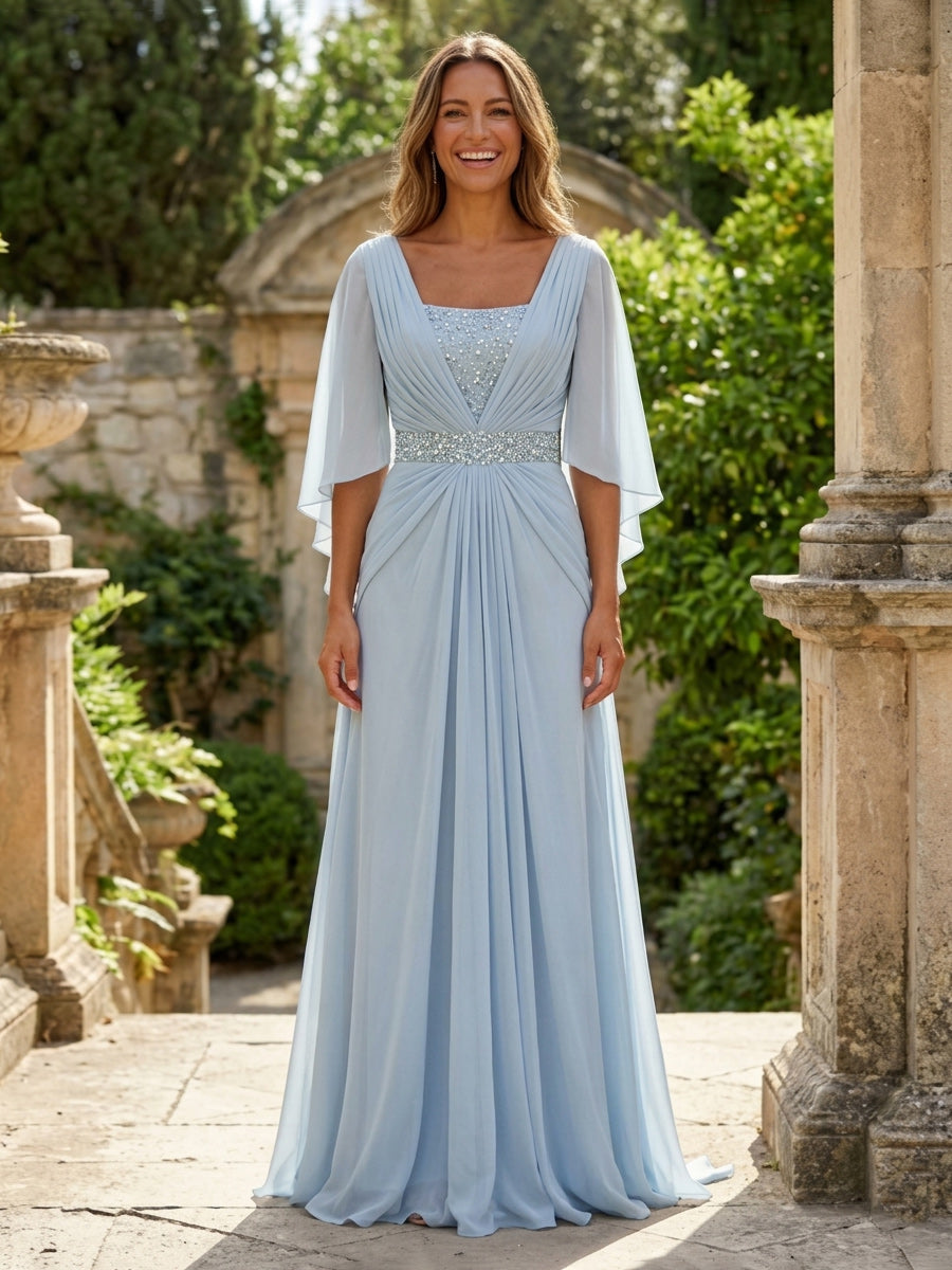 blue and white mother of the bride dresses Shirees Yellow A-Line Chiffon Pleated Long & Groom with 3/4 Flutter Sleeves & Sequin Waist 2026 24/7 Online Service. Color:Ivory Pink Ombre tinder cafe Black Tights What Color