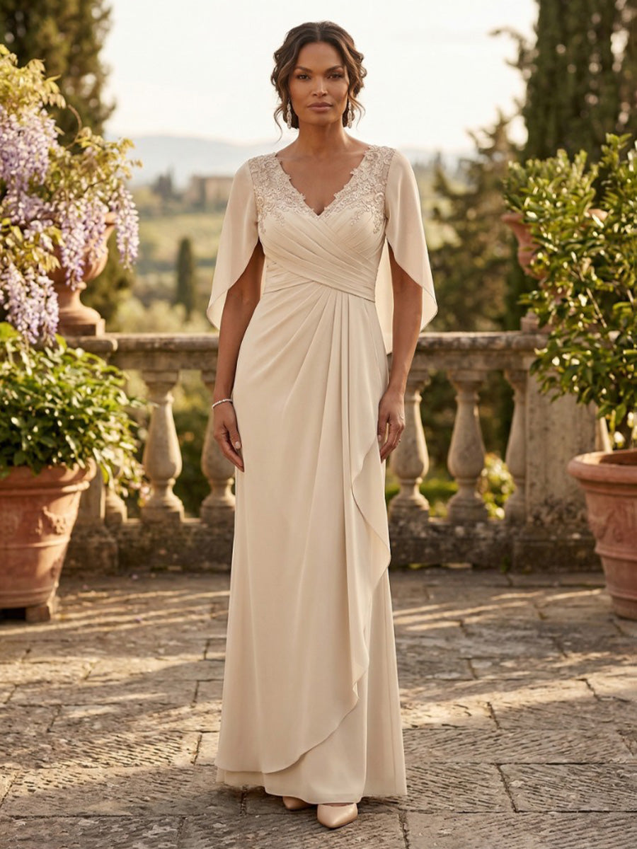 Champagne Mother of the Bride Dresses 2026 for Women Cape Sleeve Chiffon V-Neck Formal Evening Gown