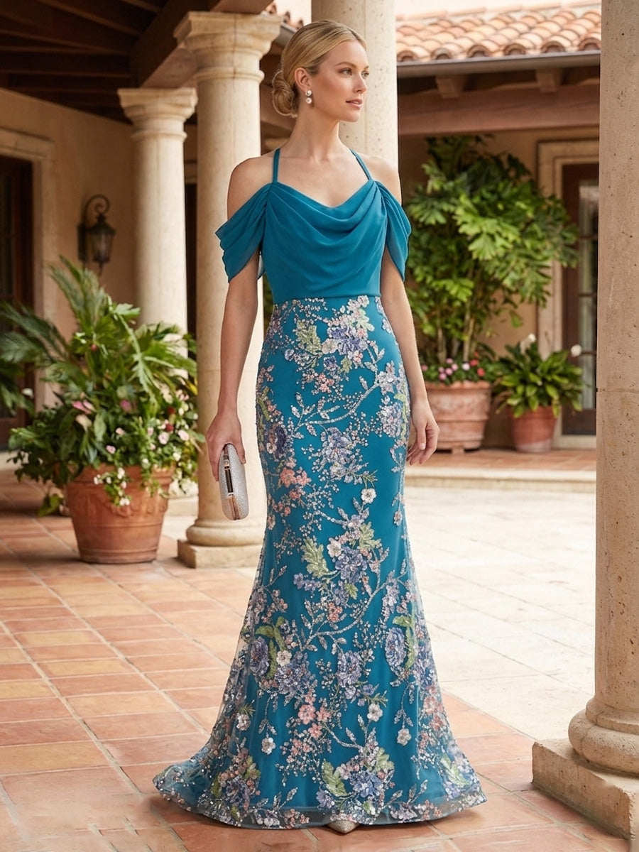 beaded and embroidered dresses Teal Mother of the Bride 2026 for Women Cold Shoulder Floral Lace Mermaid Formal Evening Gown Hi-Lo Prom Dress this is combined with Lilac Sequins Forest Fairy Color:Nude Peach 25
