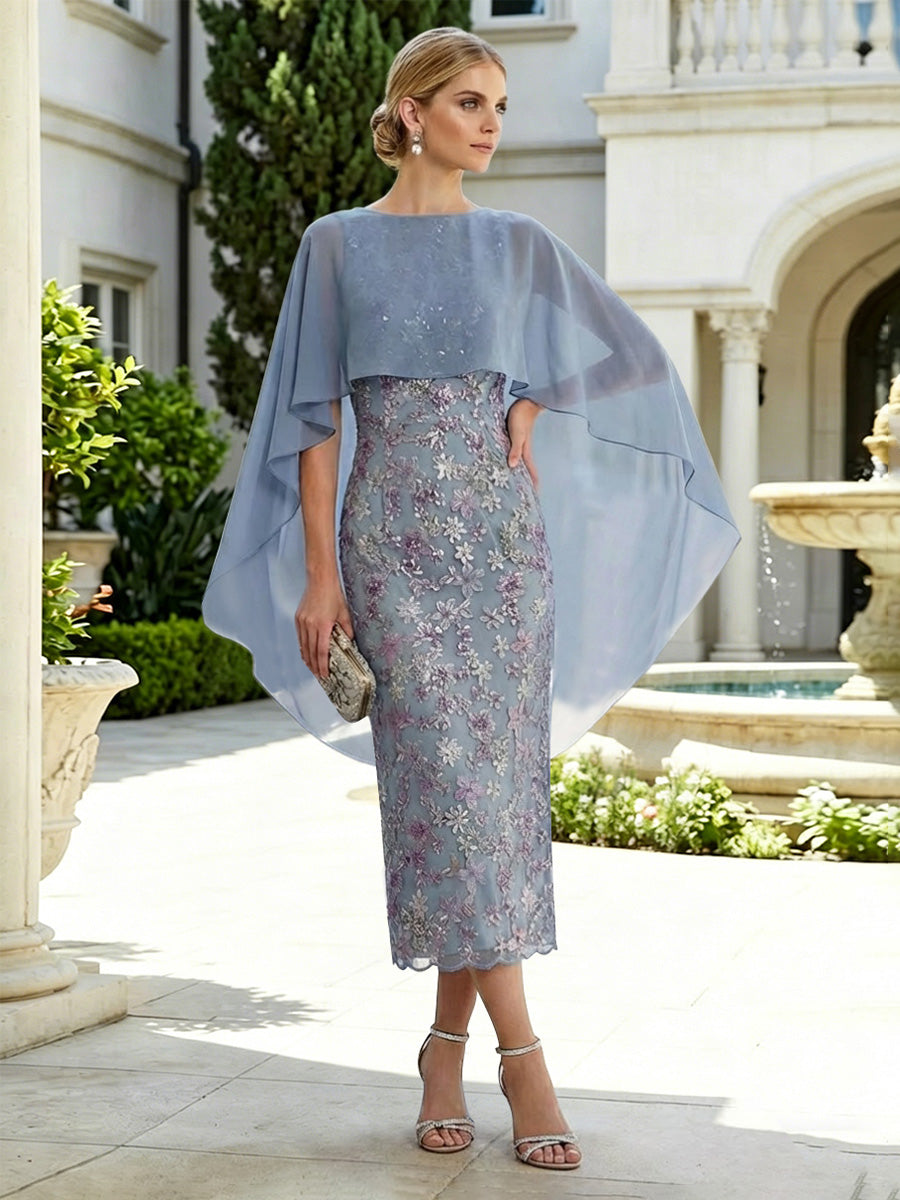 Dusty Blue Mother of the Bride Dresses Knee Length Lace Sheath with Chiffon Cape Overlay Elegant Wedding Guest Formal Dress