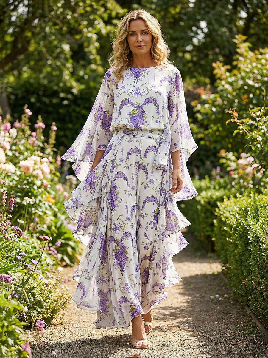 Ivory Purple Floral Mother of the Bride Dresses 2026 for Women A-Line Bateau Neck 3/4 Flare Sleeves Asymmetrical Tea-Length Formal Daytime Gown